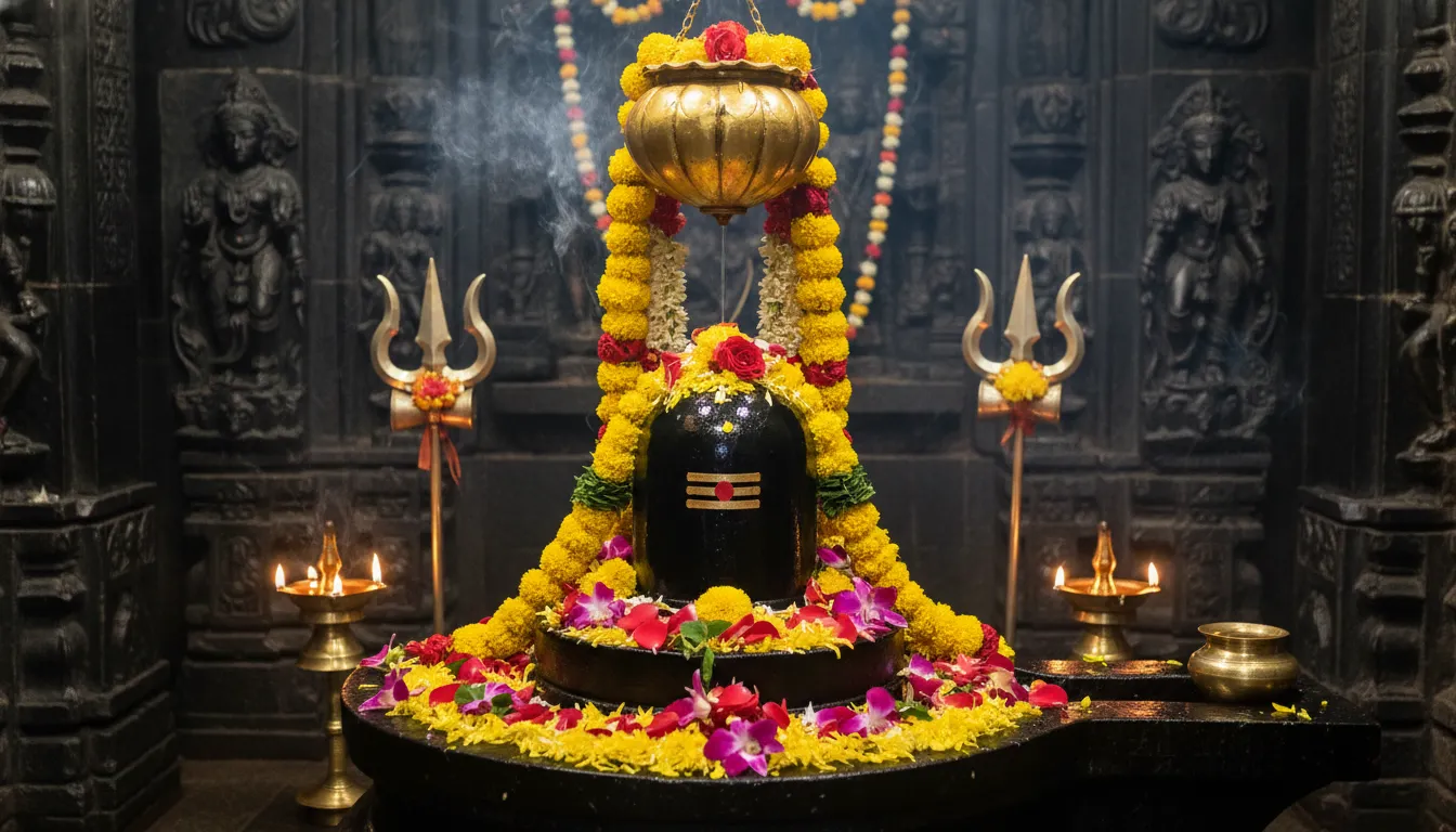 A black Shiva Lingam decorated with flowers beneath a golden hanging vessel inside a warm temple shrine.