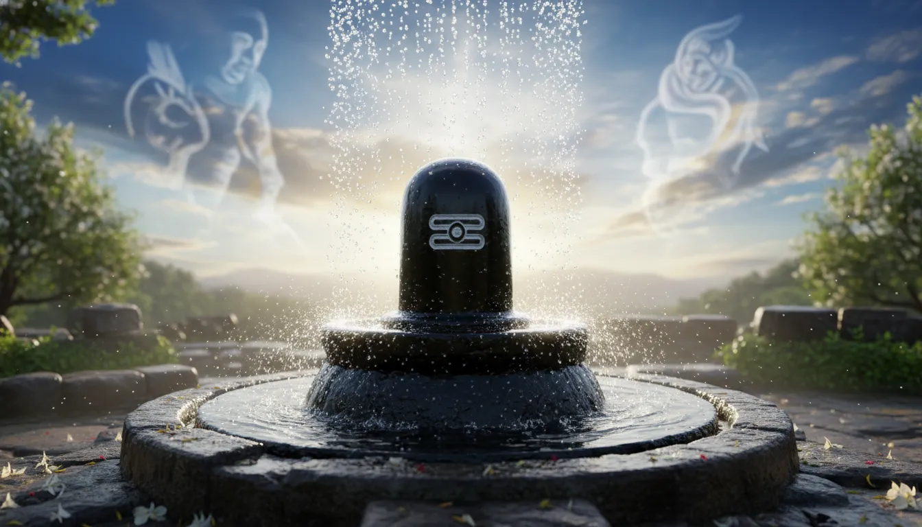 Water pouring over Shiva Lingam under bright sky and sunlight