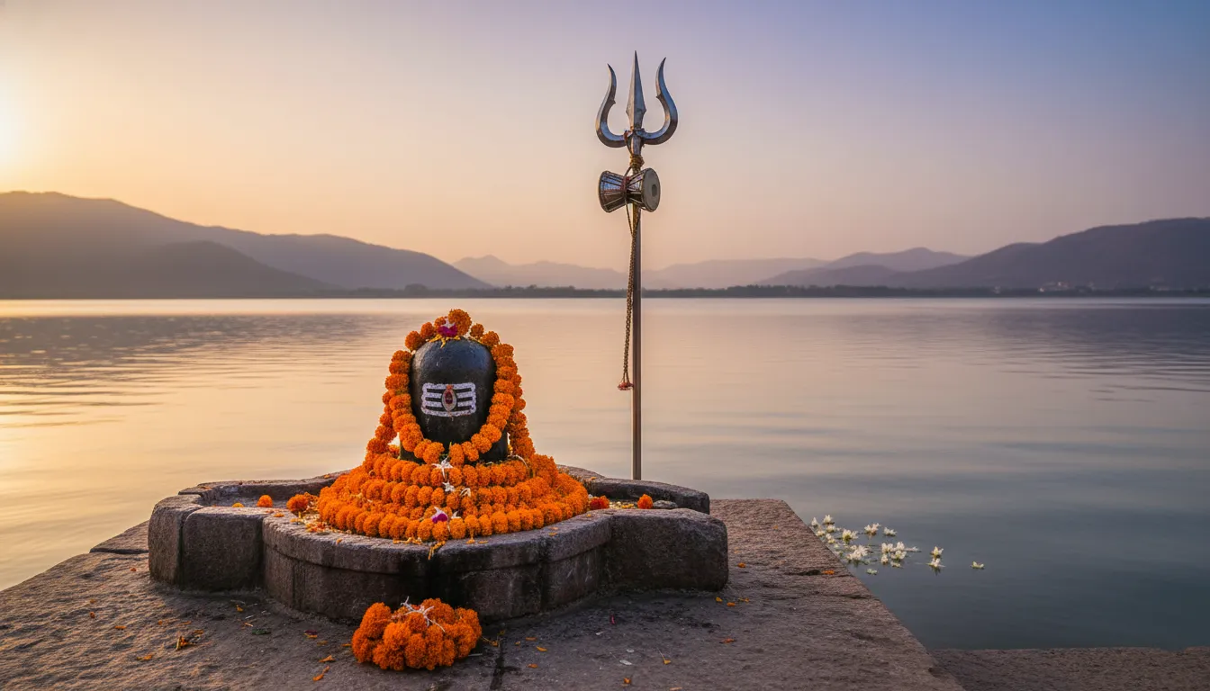 Shiva lingam decorated with marigold garlands near water with trident beside it