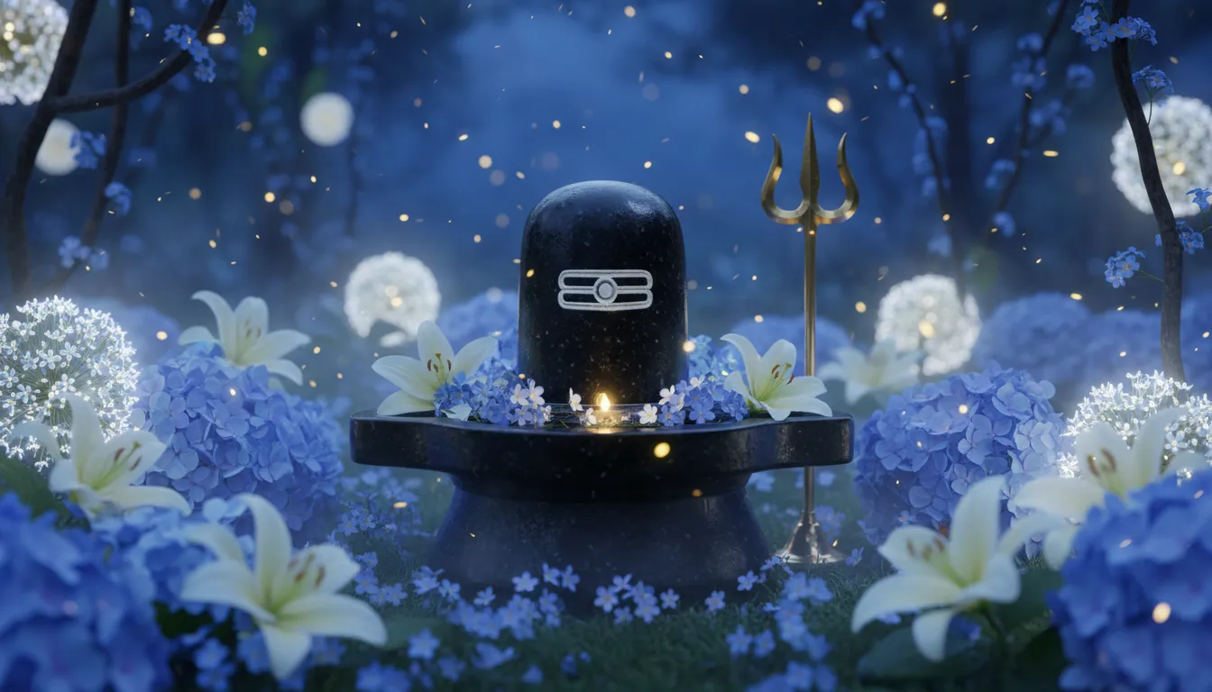 A Shiva Lingam surrounded by blue and white flowers, glowing fireflies, and a trident under a night sky.