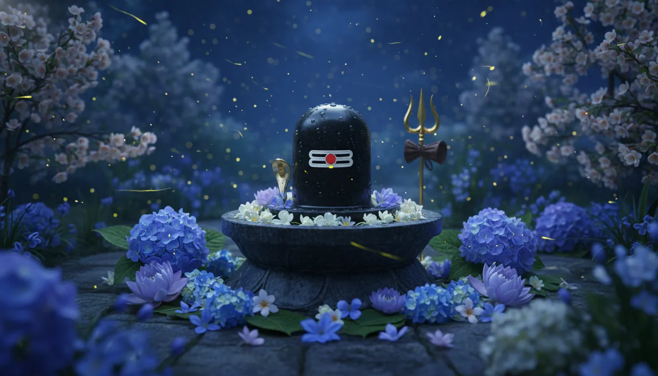 A Shiva Lingam surrounded by blue and white flowers, glowing fireflies, and a trident under a night sky.