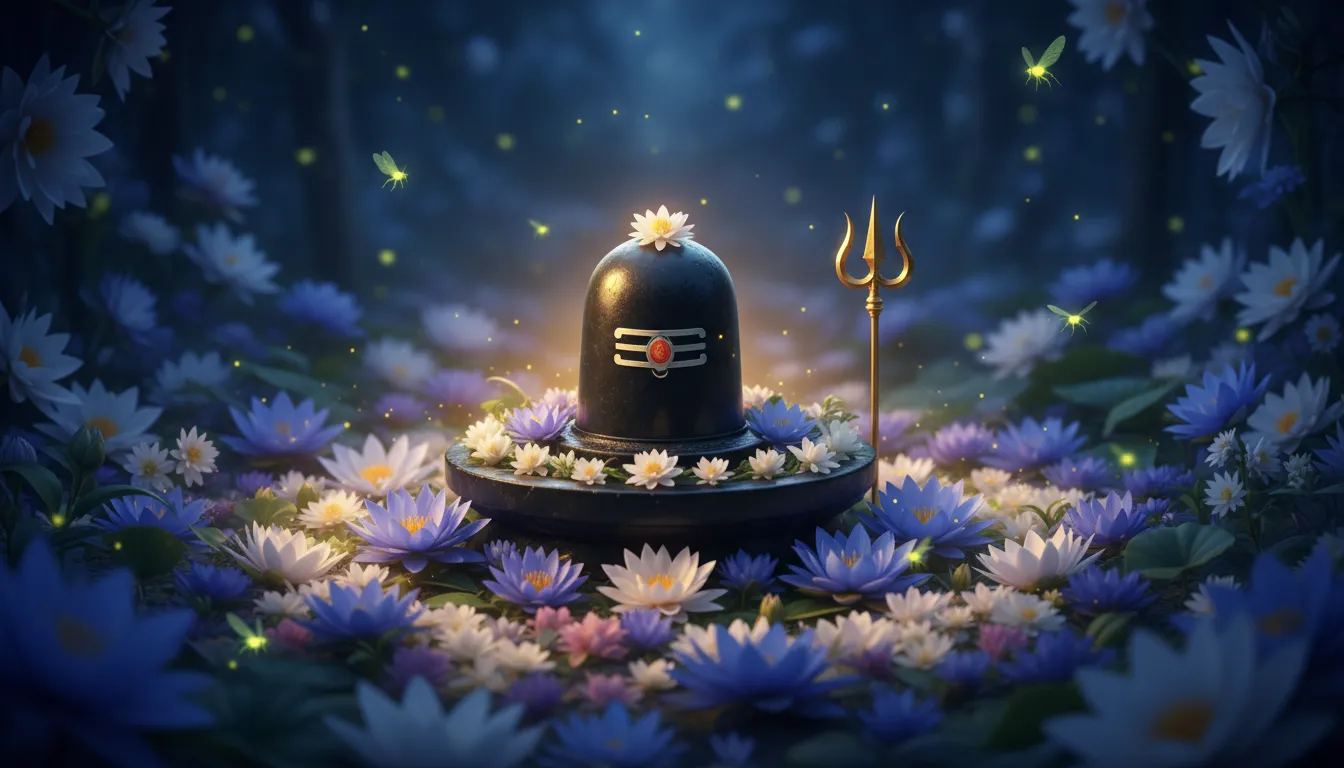 A Shiva Lingam surrounded by blue and white flowers, glowing fireflies, and a trident under a night sky.