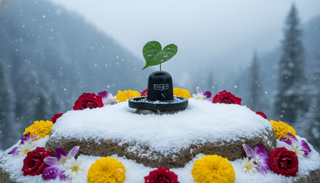 A small black Shiva Lingam covered with flowers and protected by a green leaf in a snowy setting.