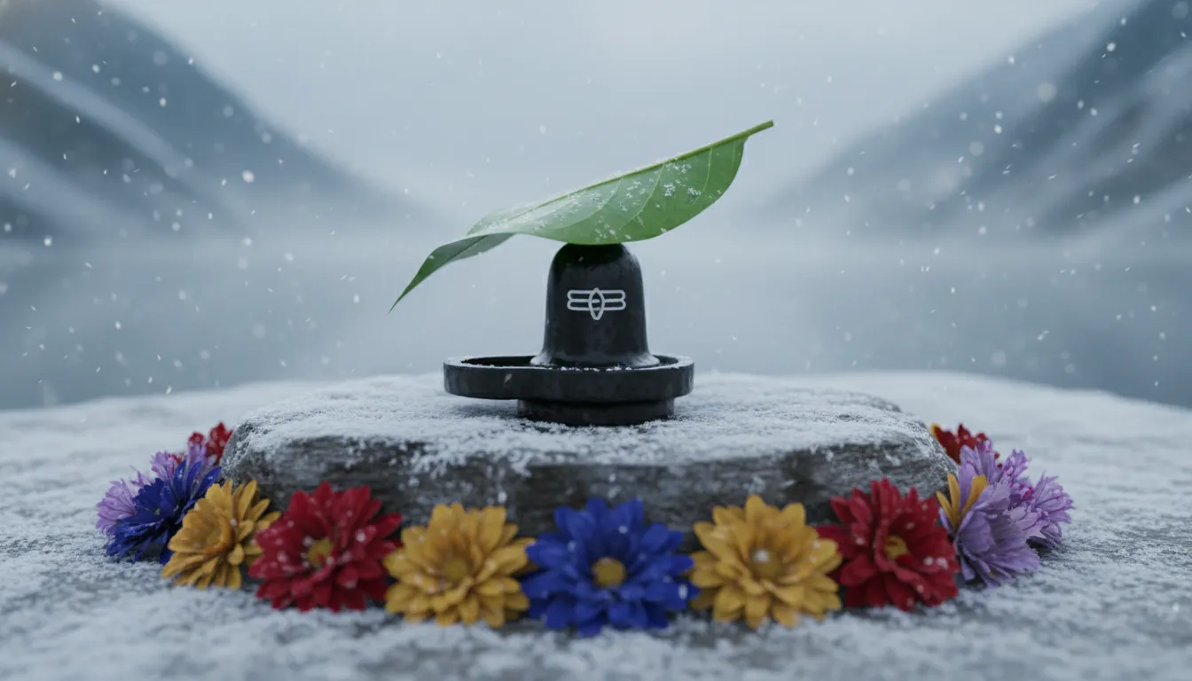 A small black Shiva Lingam covered with flowers and protected by a green leaf in a snowy setting.