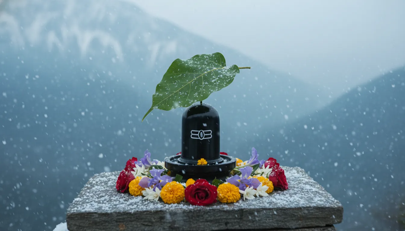 A small black Shiva Lingam covered with flowers and protected by a green leaf in a snowy setting.
