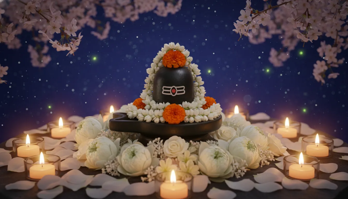 A small Shiva Lingam surrounded by flowers and glowing candles under a dark starry sky.