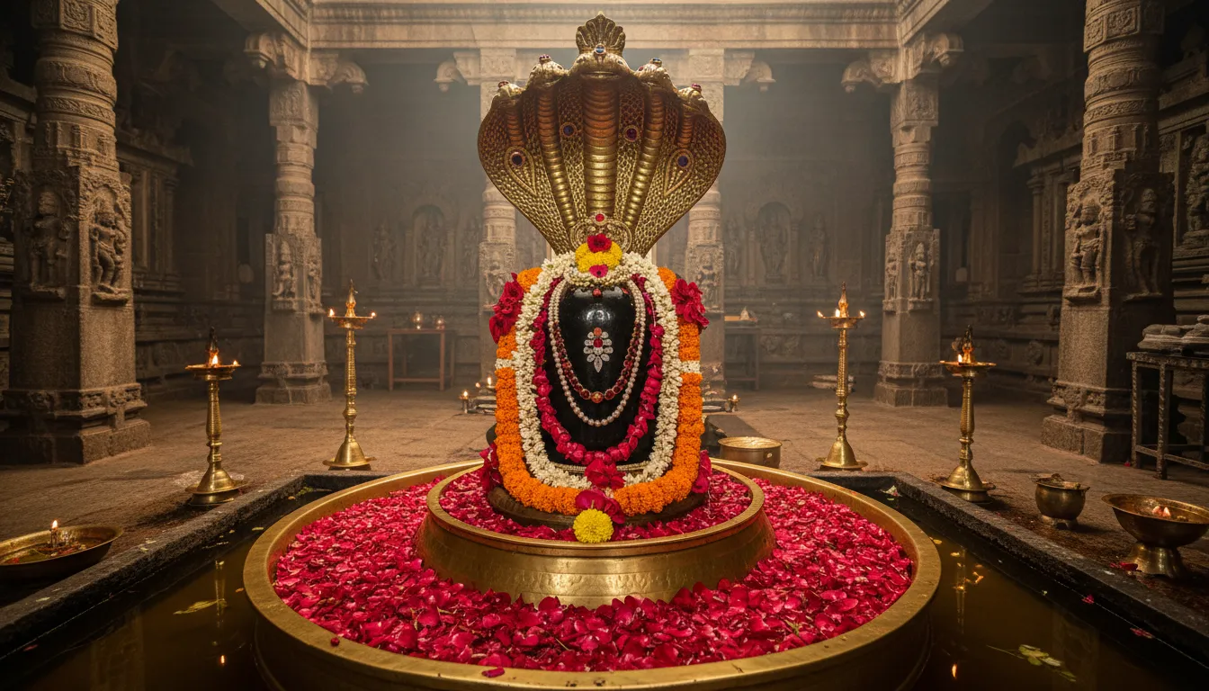 : Black Shiva Lingam under a decorative cobra hood with flowers and beads