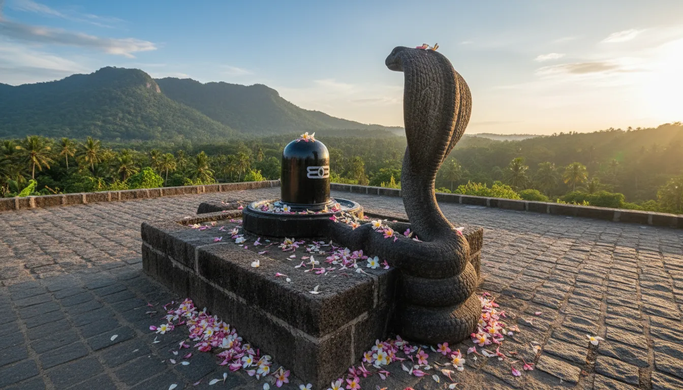 Black Shiva Lingam beside a cobra sculpture with mountains visible in the background.