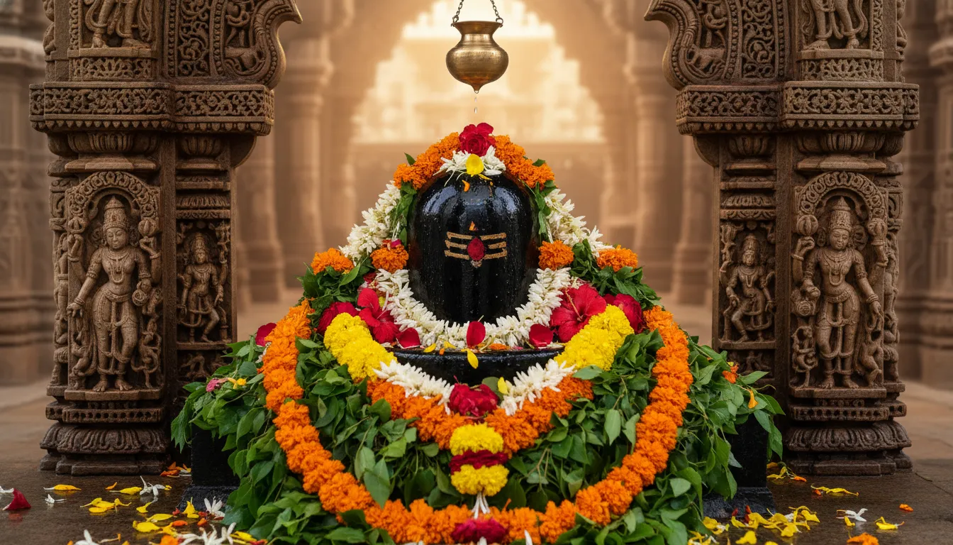 Shiva lingam under an ornate arch decorated with colorful flowers and green leaves