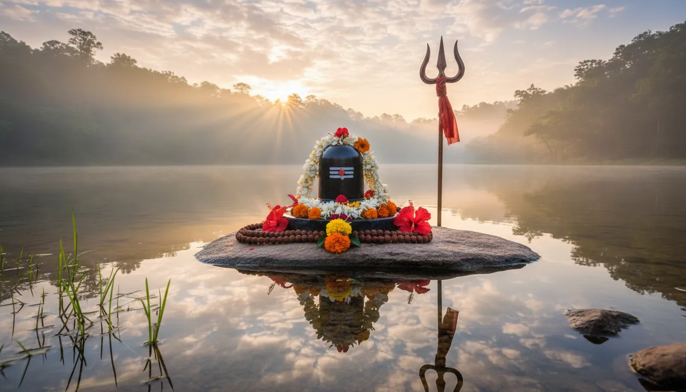 Shiva lingam decorated with flowers beside trident with reflection in water