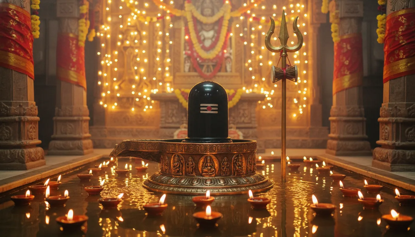 A black Shiva Lingam with a golden trident, floating diyas, and warm glowing lig hts in the background.