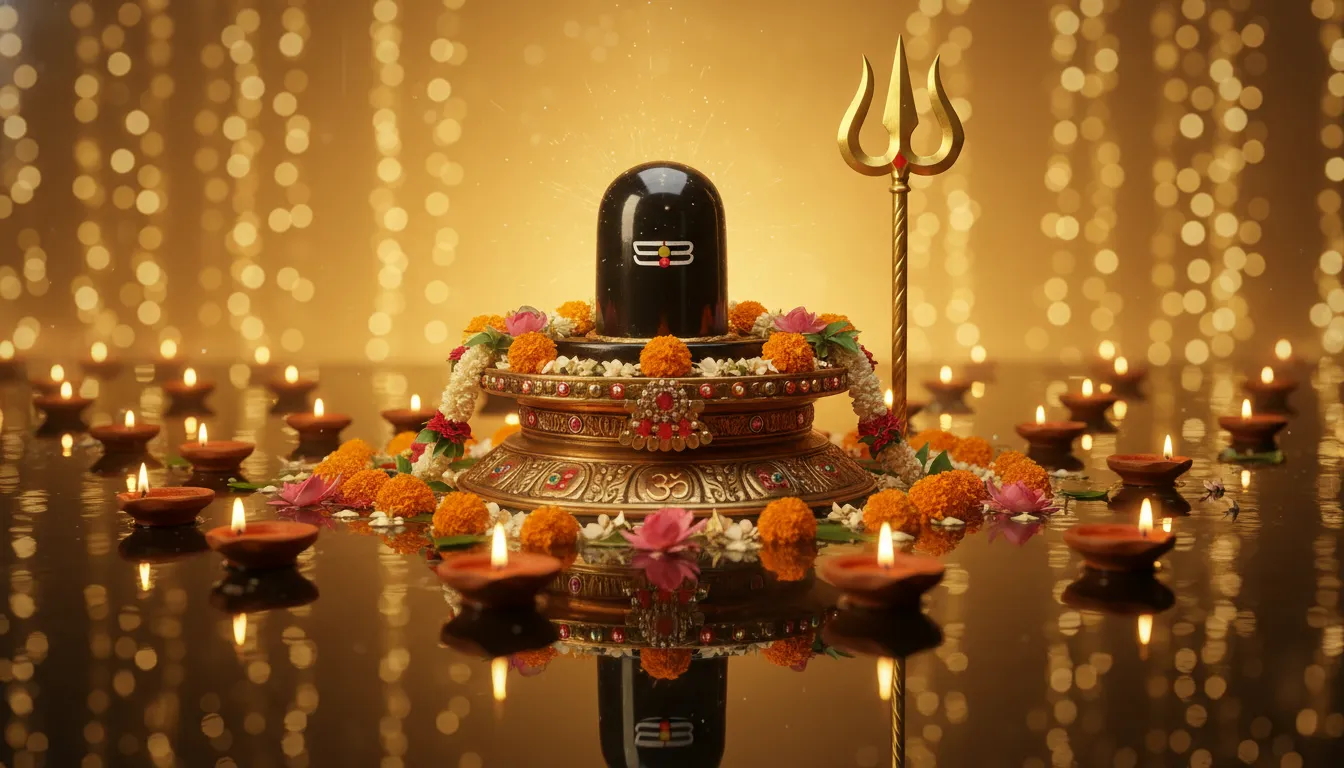 A black Shiva Lingam with a golden trident, floating diyas, and warm glowing lig hts in the background.