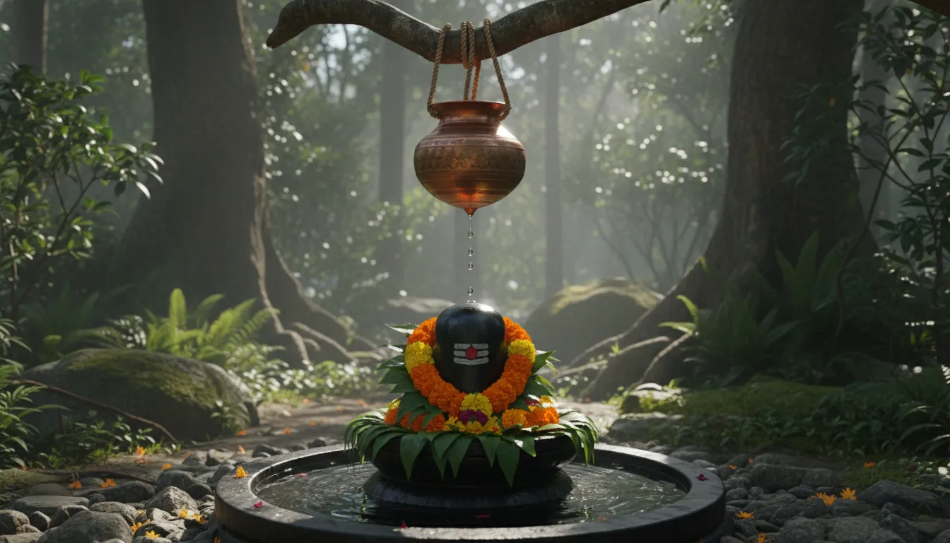 Shiva Lingam under a copper vessel dripping water, decorated with yellow flowers