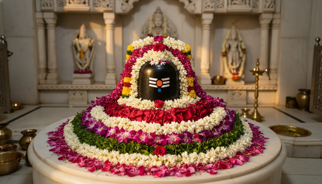 Shiva lingam decorated with red, white, purple, yellow, and pink flower layers inside a marble shrine.
