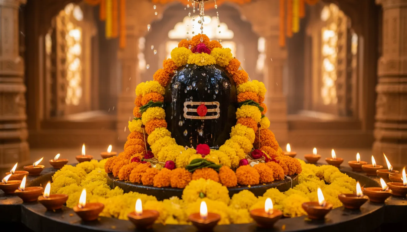 A Shiva Lingam decorated with marigold flowers, surrounded by diyas and warm temple lights.