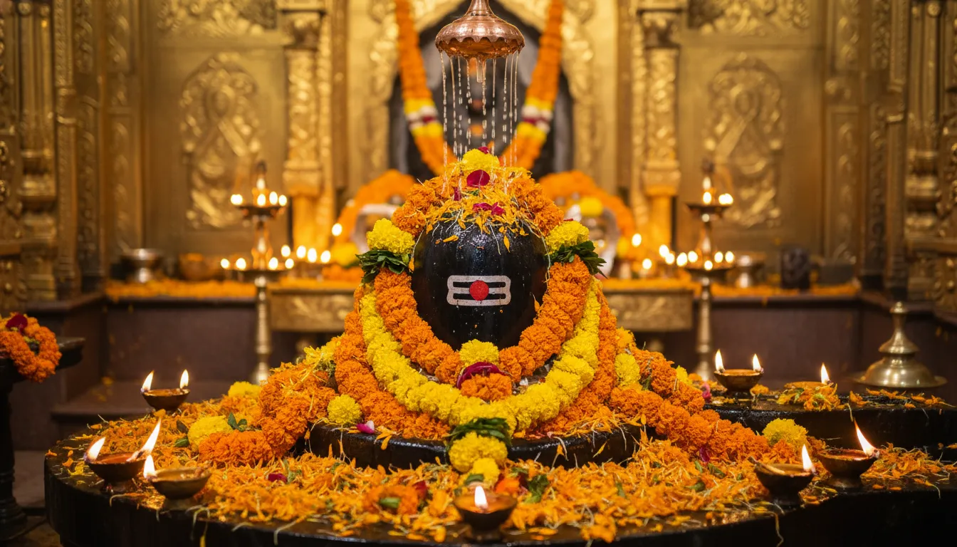 A Shiva Lingam decorated with marigold flowers, surrounded by diyas and warm temple lights.