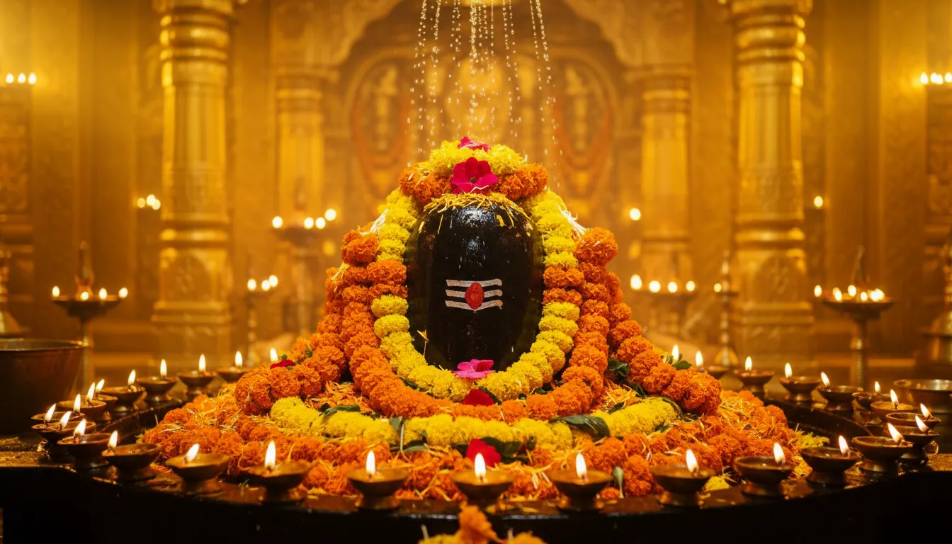 A Shiva Lingam decorated with marigold flowers, surrounded by diyas and warm temple lights.