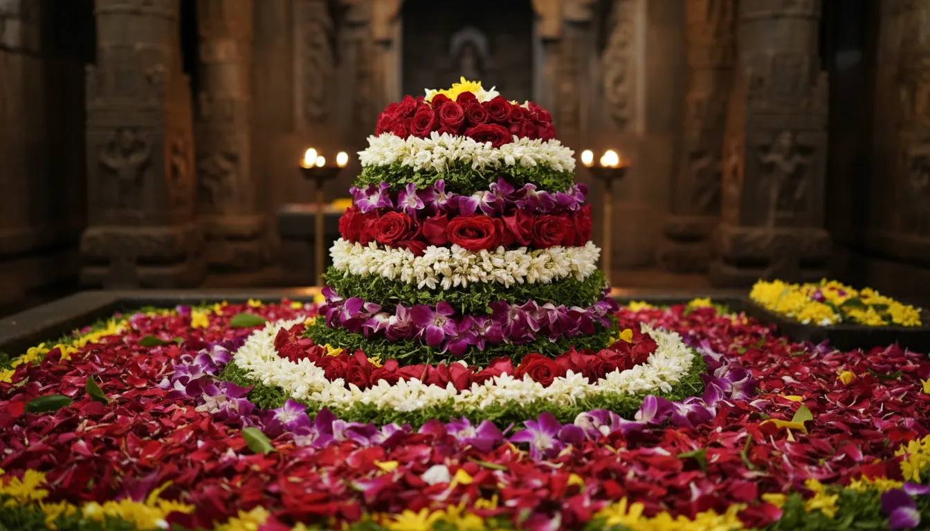 Shiva lingam decorated with layers of colorful flowers placed over a bed of petals