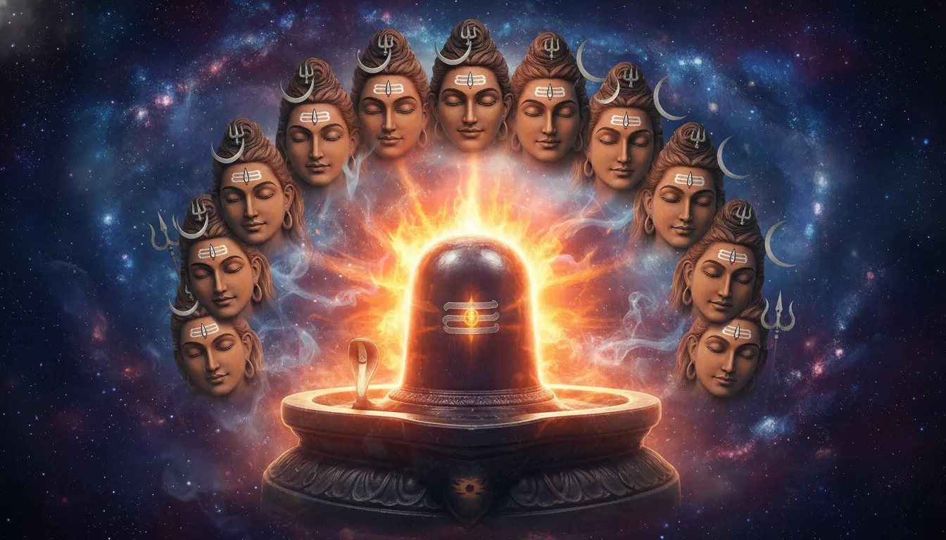 Black Shiva Lingam with glowing aura and multiple divine faces surrounding it