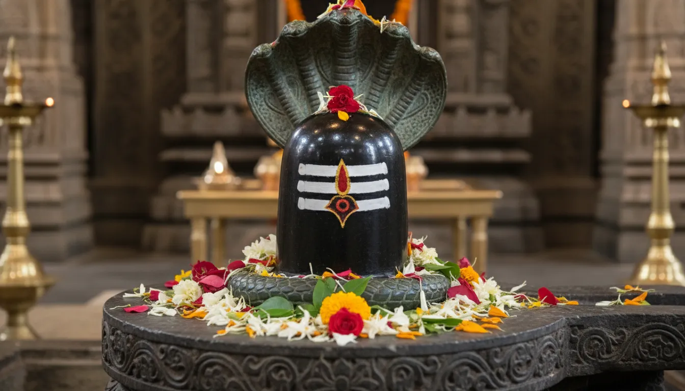 Decorated Shiva lingam with white markings, flowers, and a snake sculpture around it