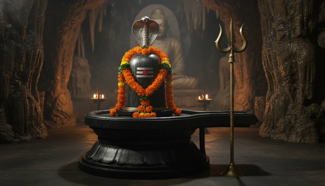 decorated Shiva lingam with silver cobra hood and marigold flowers in a dark temple