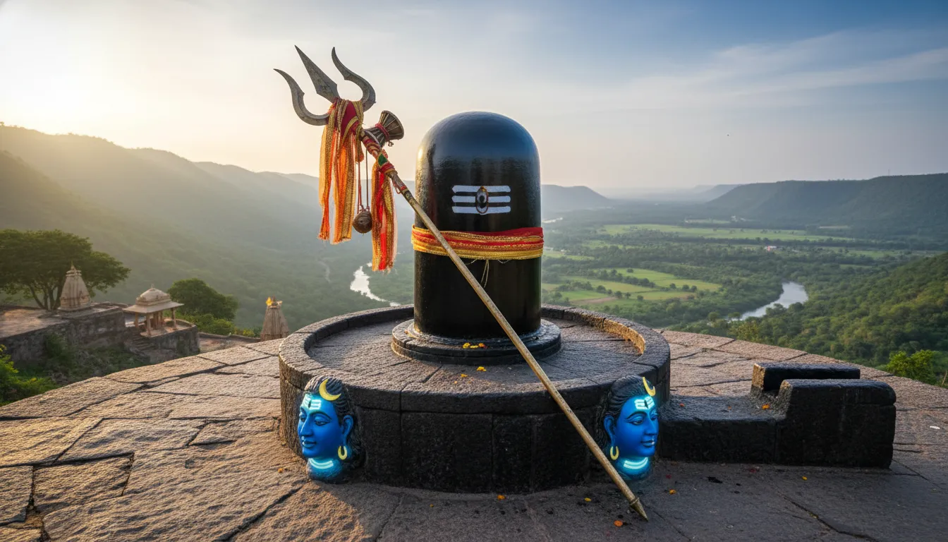 Black Shiva lingam with trident and two blue divine faces overlooking a green valley