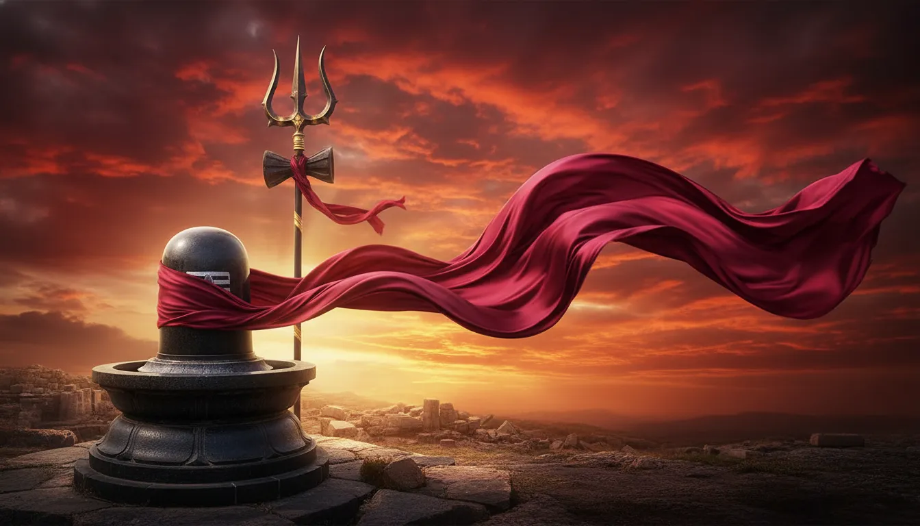 Shiva Lingam with trident and flowing red cloth against dramatic red sky