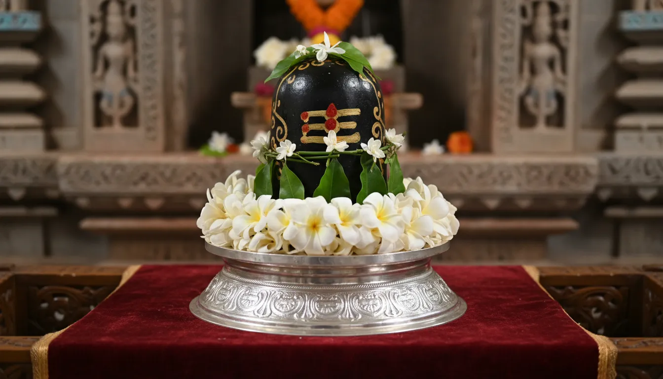 A black Shiva lingam decorated with green leaves, white flowers, and golden horizontal markings.