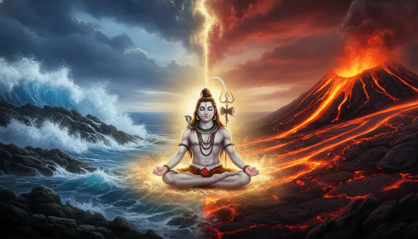 Lord Shiva sitting in meditation on a shoreline with crashing ocean waves on one side and flowing volcanic lava on the other