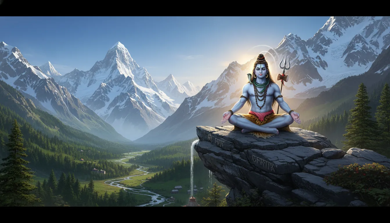Lord Shiva meditating on a high cliff overlooking a green valley with snow mountains behind