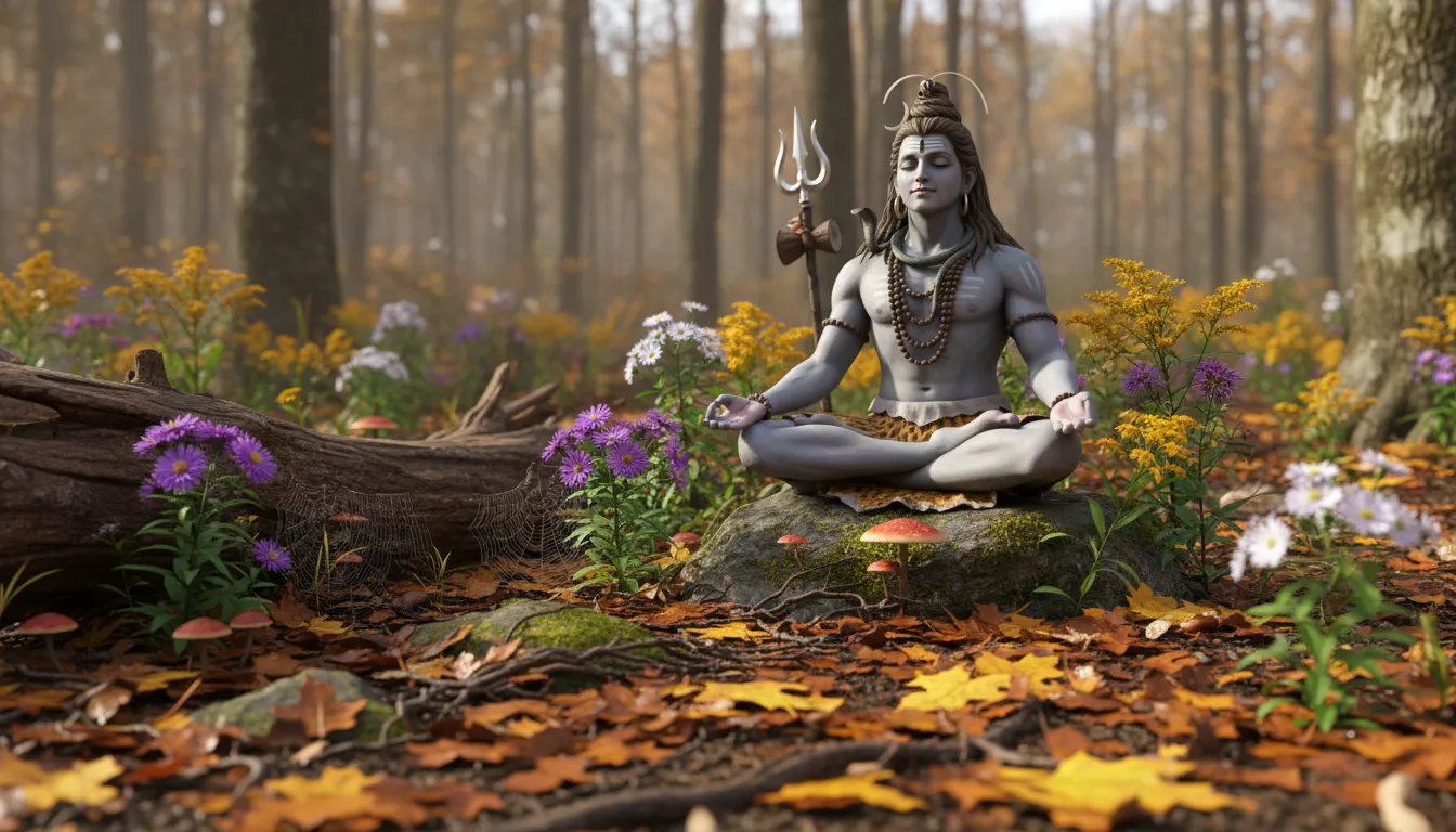 Lord Shiva meditating in autumn forest with wildflowers still blooming