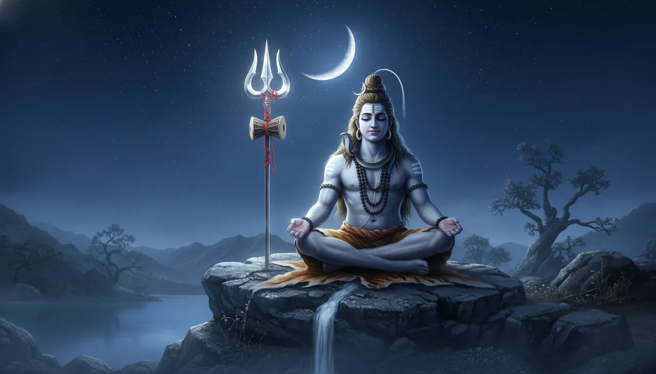 A serene depiction of Lord Shiva in meditation with his Trishul firmly planted beside him under a crescent moon.