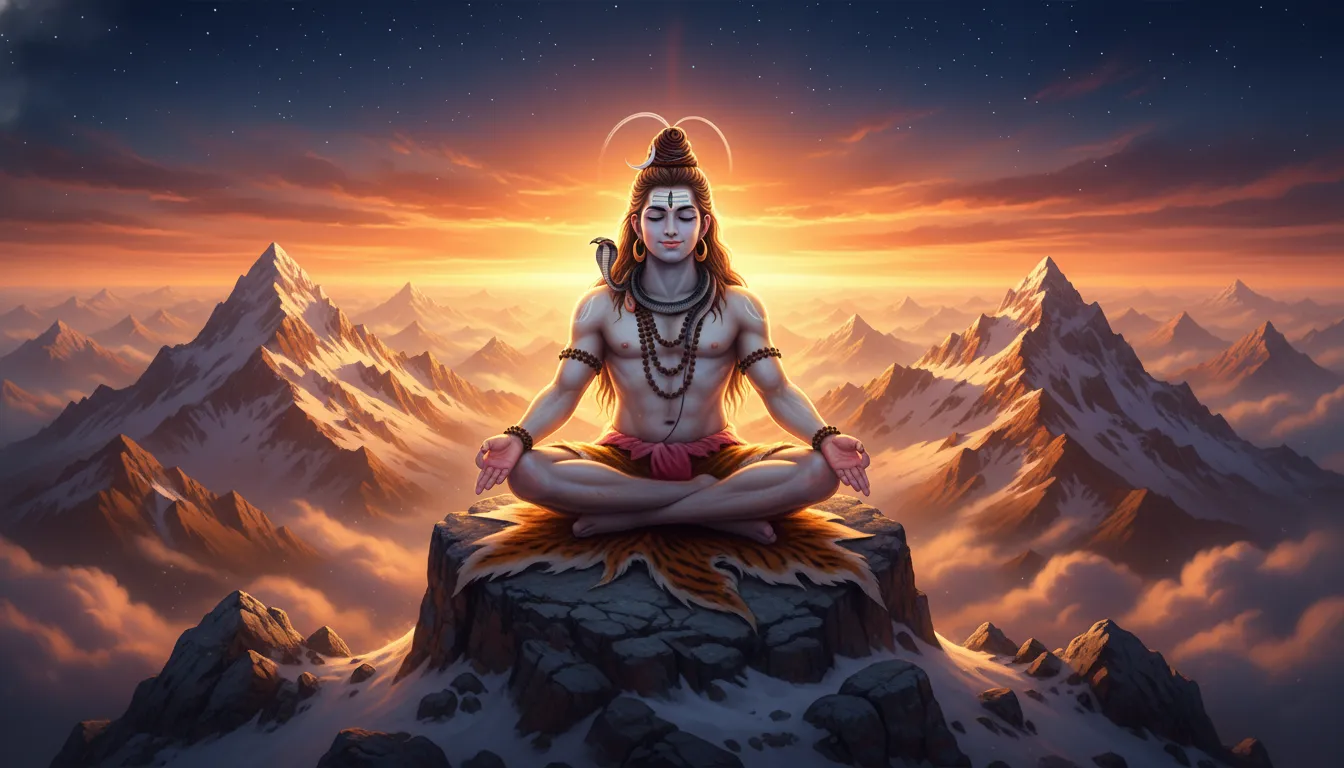 Lord Shiva meditating on a snowy peak during a bright golden hour sunset in the Himalayas