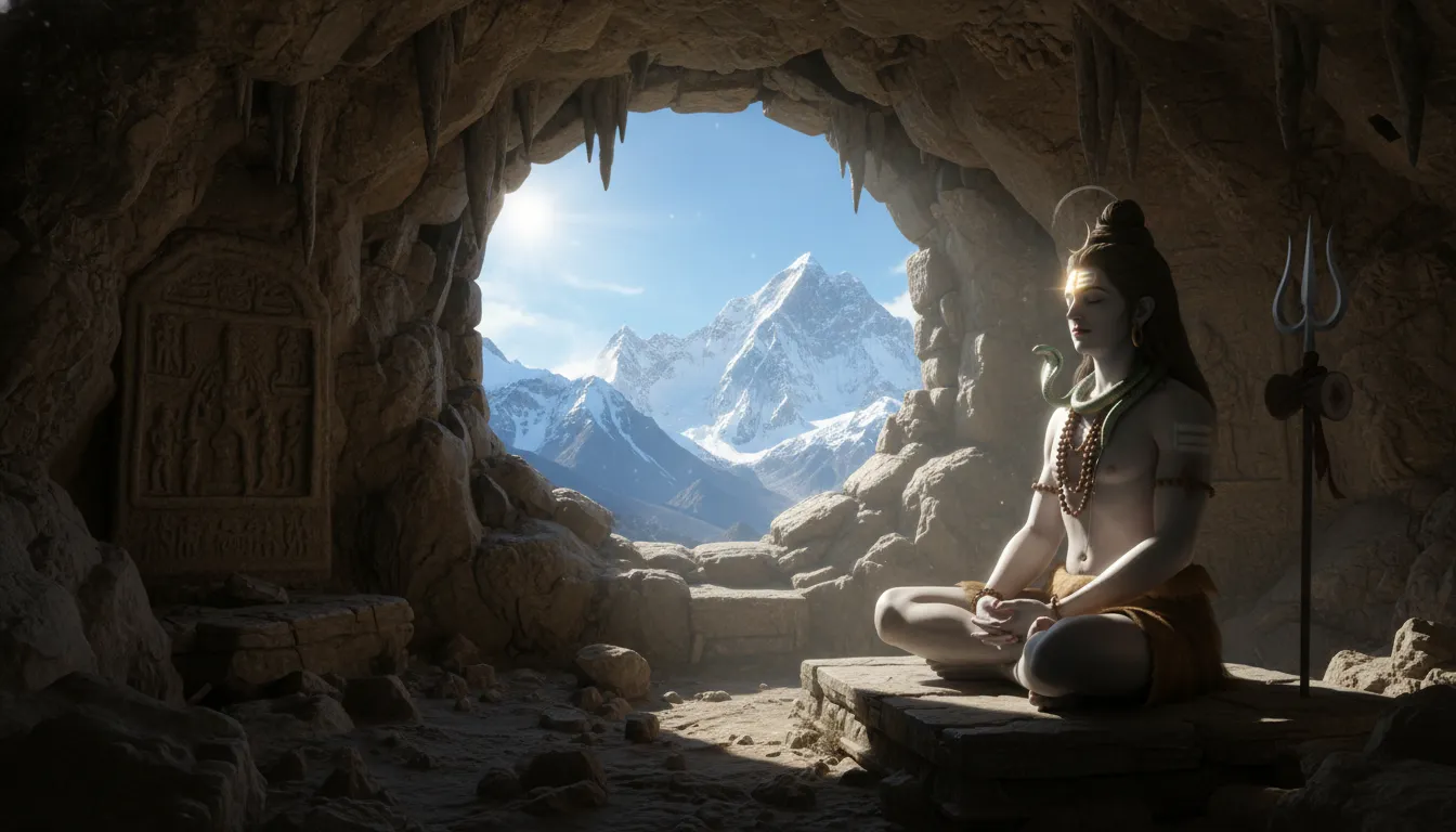 Lord Shiva meditating inside a rocky cave with a view of snow mountains outside the entrance
