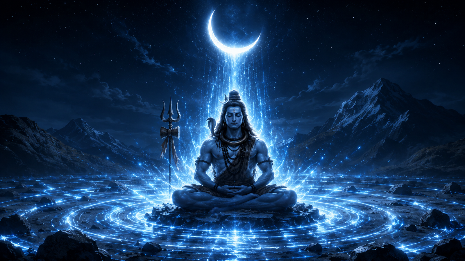 Lord Shiva sitting in meditation with visible waves of blue spiritual energy radiating outward under a crescent moon.