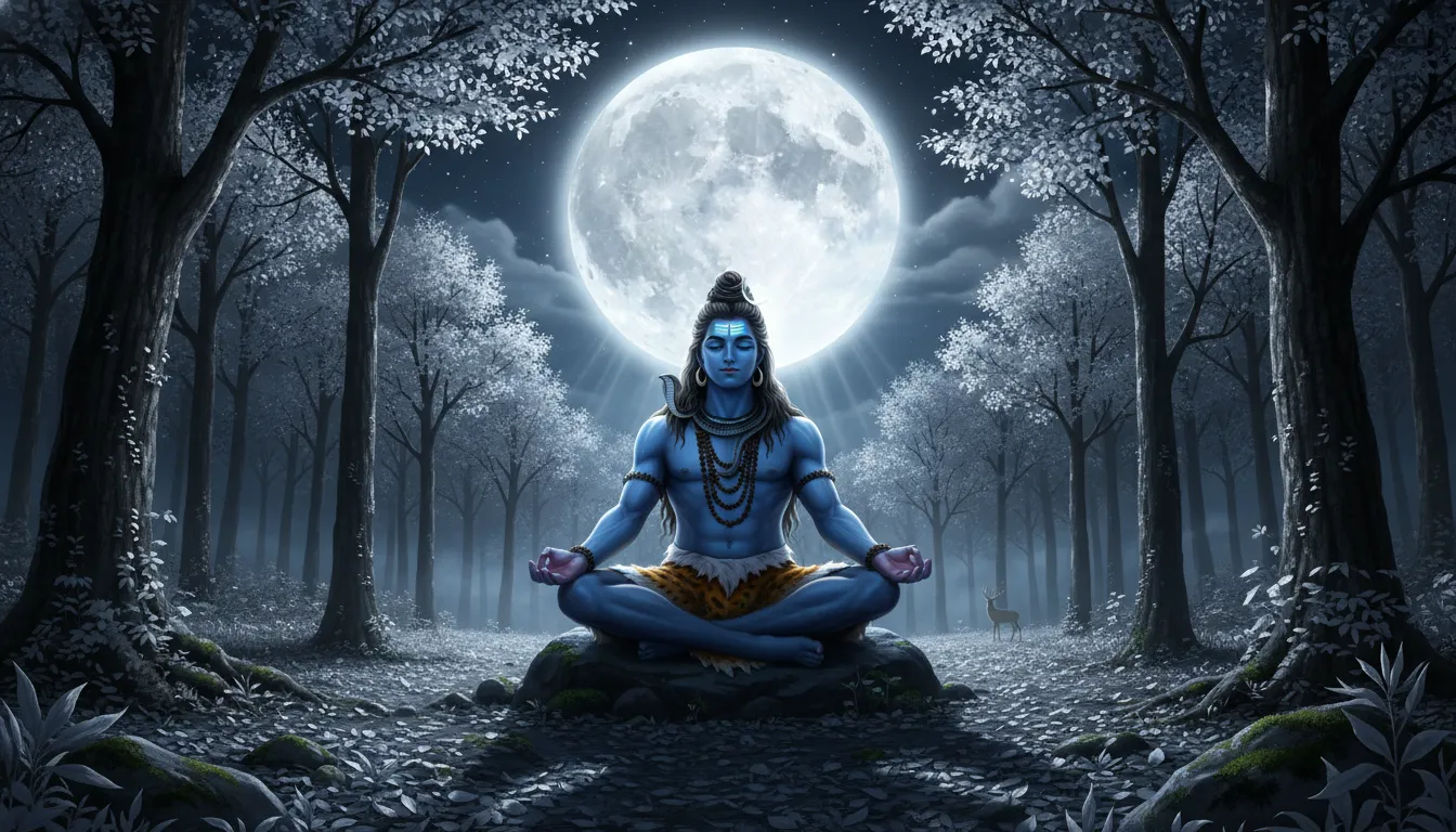 Lord Shiva meditating in autumn forest under full moon at night
