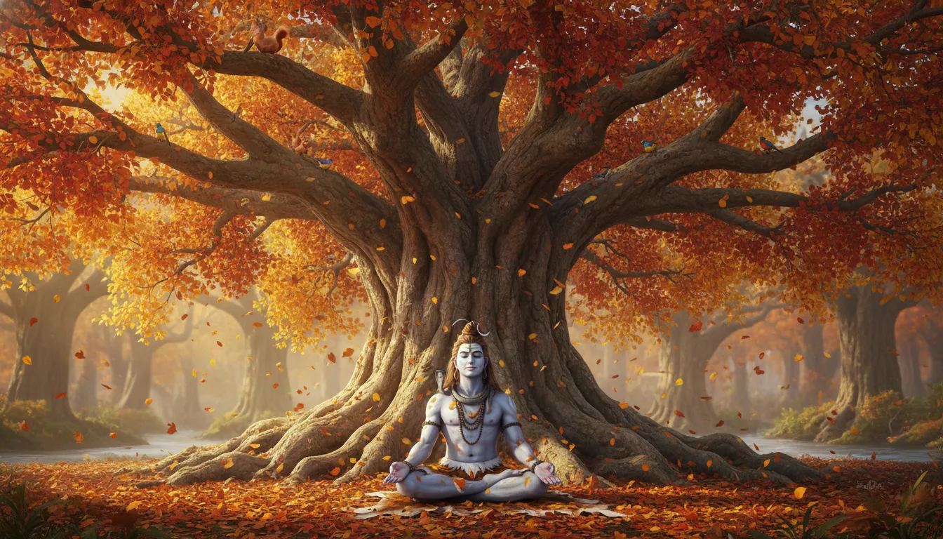 Lord Shiva meditating under large autumn tree with colorful leaves falling