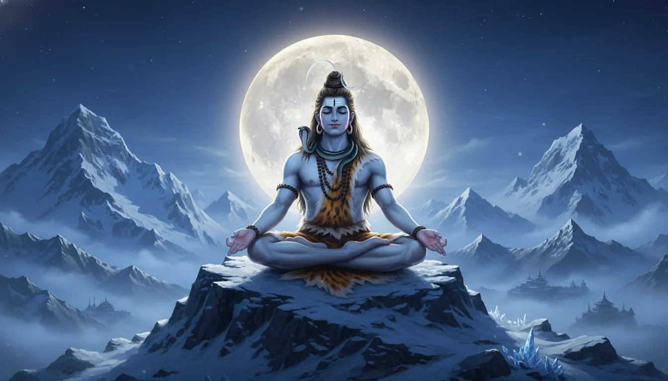 Shiva meditating in lotus pose with full moon and snowy mountains in background
