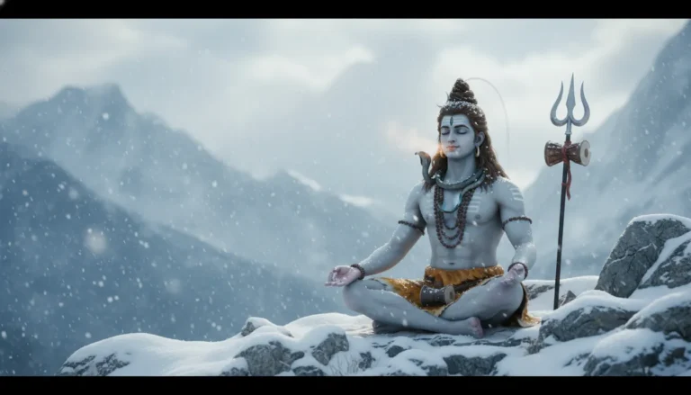 Lord Shiva sitting in meditation while soft snow falls around him in the mountains