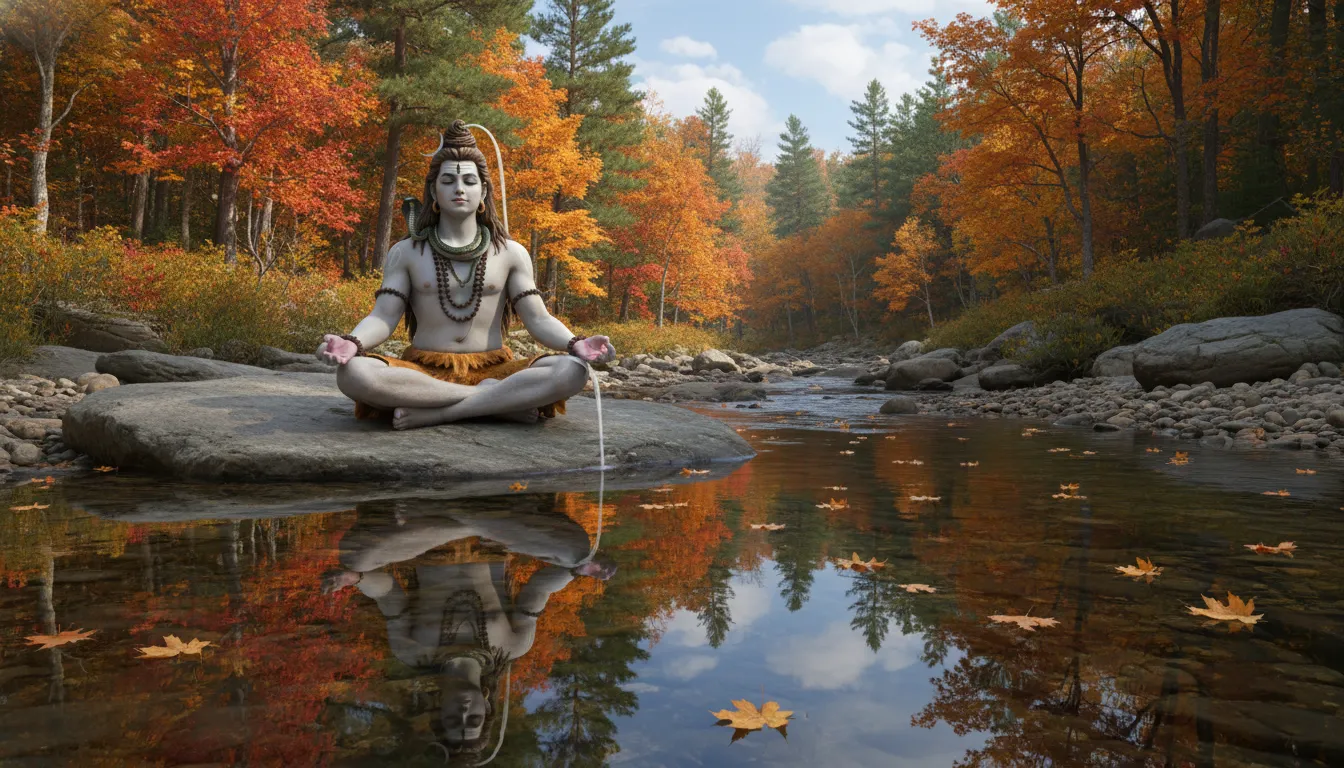 Lord Shiva meditating at edge of stream in autumn forest