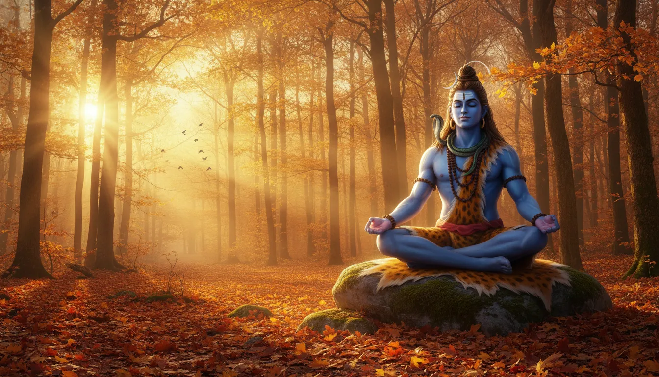 Lord Shiva meditating in autumn forest during golden sunset