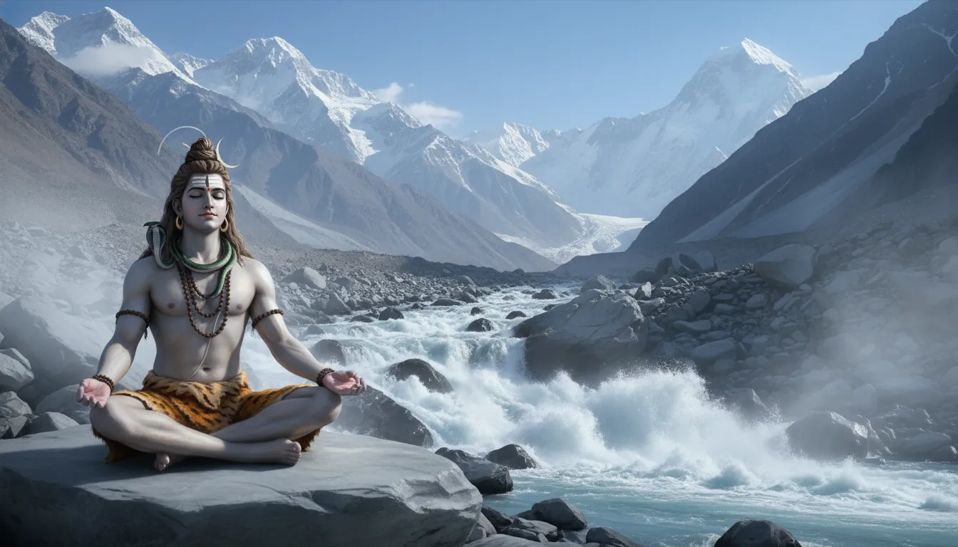 Lord Shiva meditating calmly next to a powerful rushing river in the snowy mountains