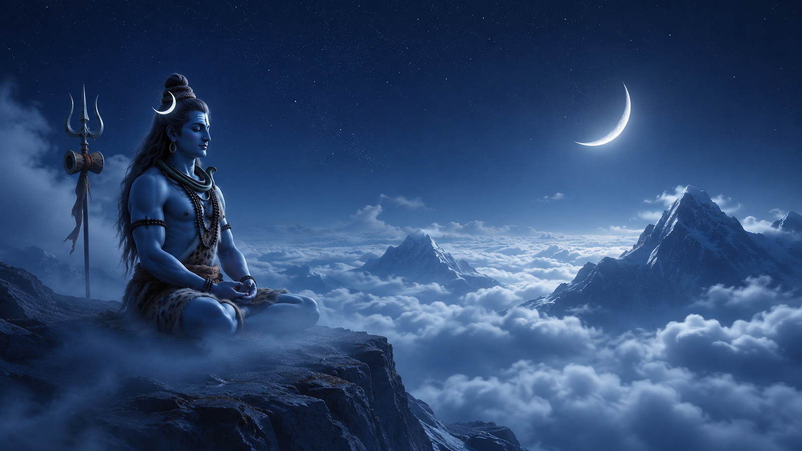 Lord Shiva meditating on a high mountain cliff surrounded by low clouds and a bright crescent moon.