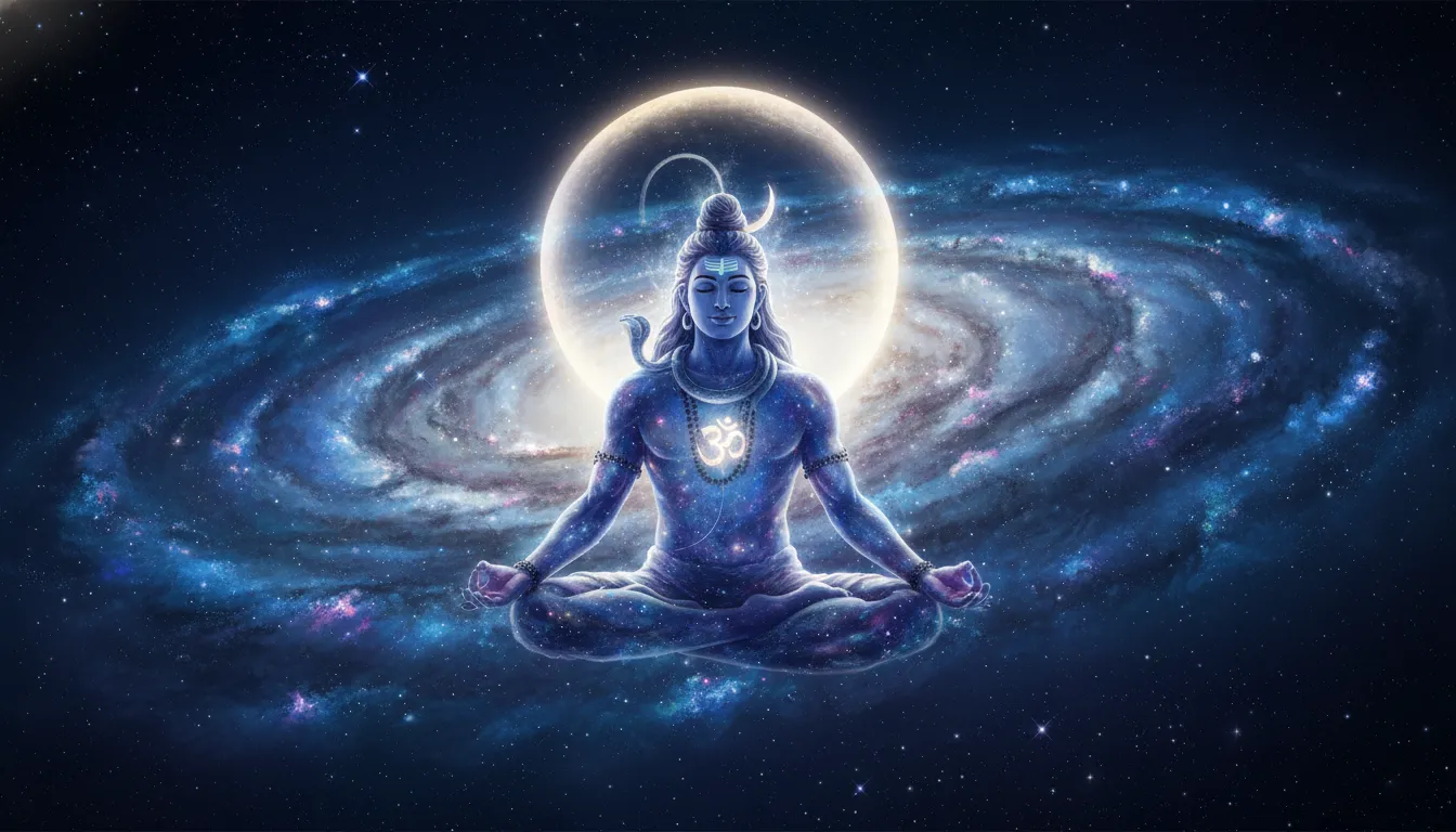 Lord Shiva meditating on a high mountain cliff surrounded by low clouds and a bright crescent moon.