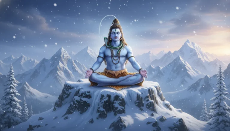 Lord Shiva sitting in deep meditation on the snow-covered peaks of Mount Kailash