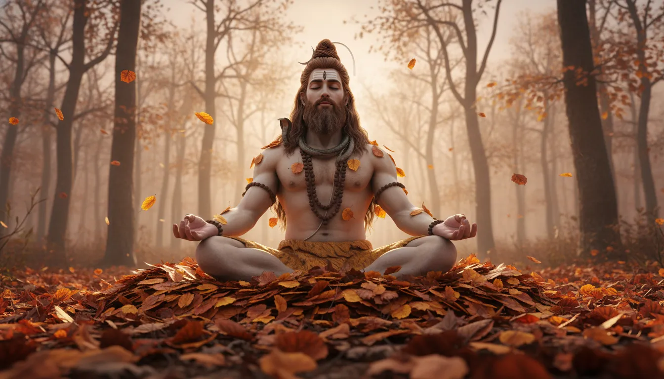 Lord Shiva meditating on bed of autumn leaves on forest floor