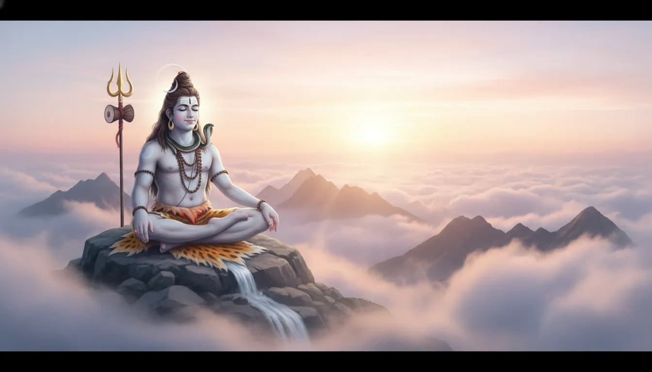 Lord Shiva sitting peacefully on a mountain during sunset