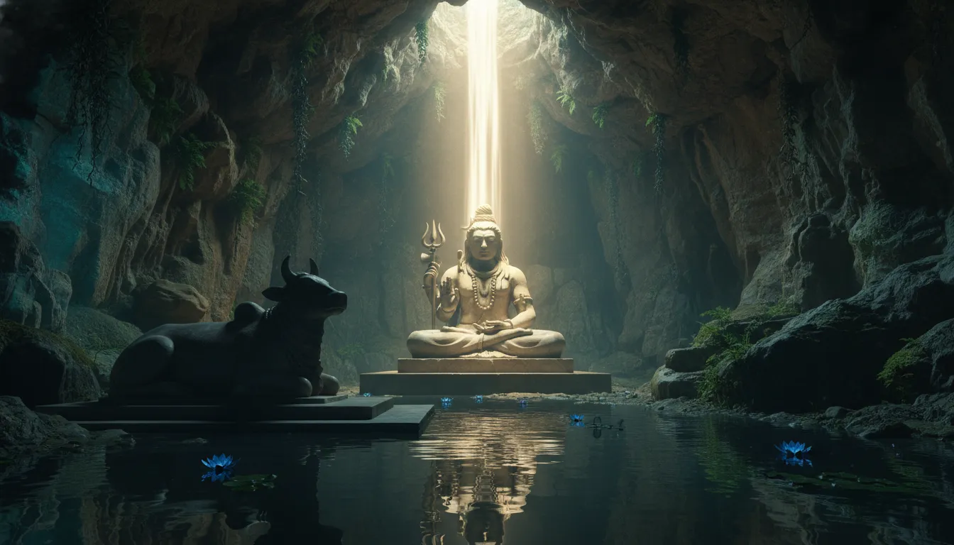A Shiva statue meditating inside a cave with a bright waterfall-like beam of light.