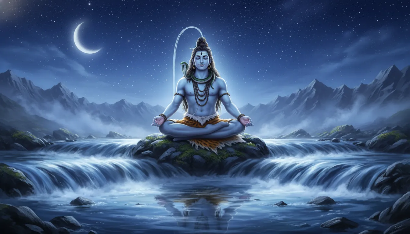 A white Shiva statue meditating on water beneath a bright crescent moon and starry sky.