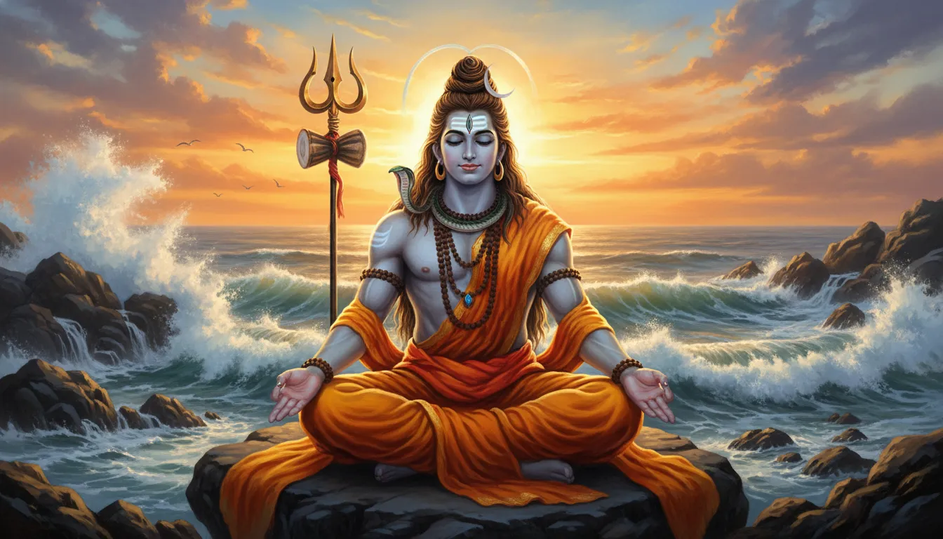 Lord Shiva is shown meditating near ocean waves at sunrise, with a trident, prayer beads, ornaments, and a calm spiritual setting.